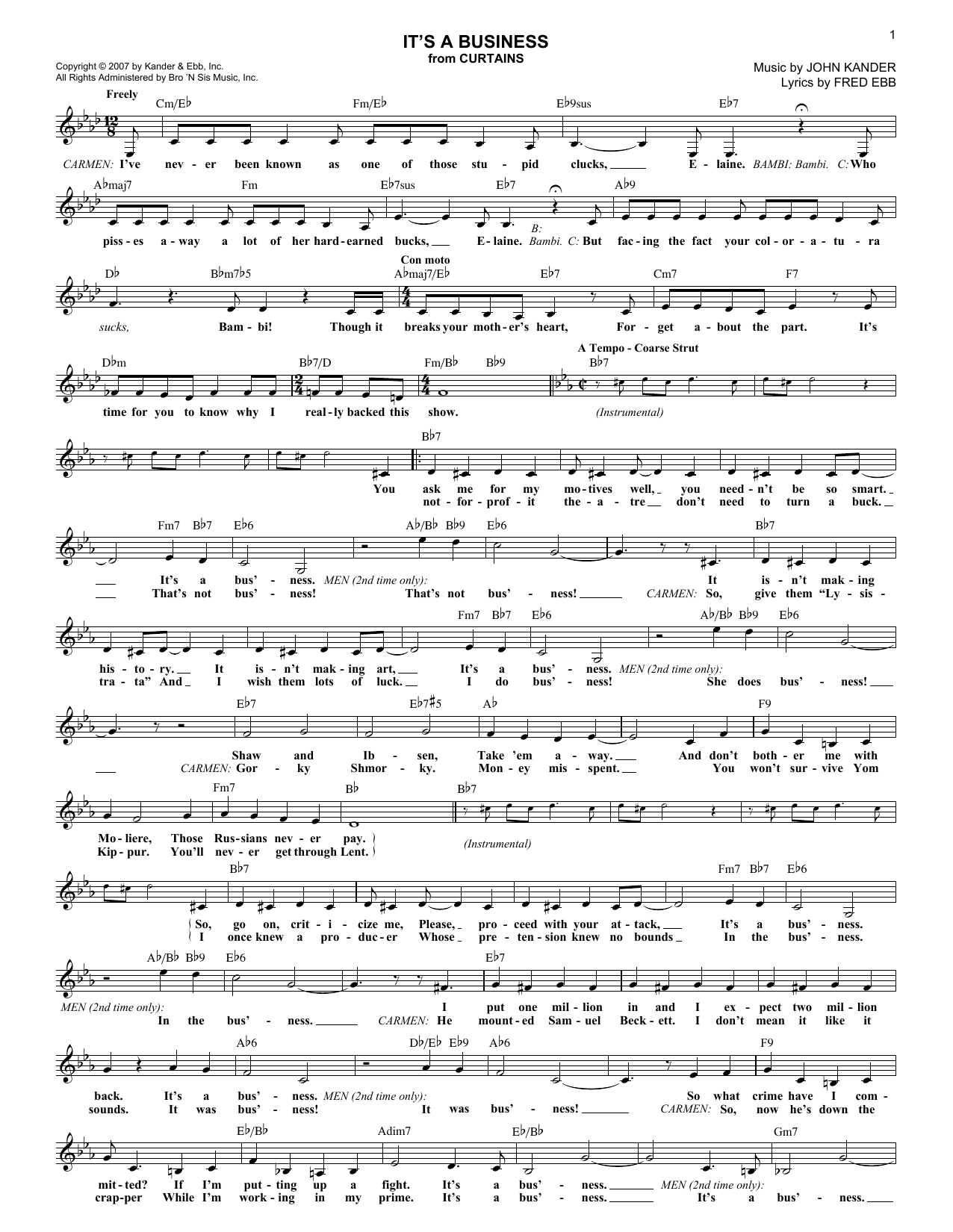 Kander & Ebb It's A Business Sheet Music Notes & Chords for Melody Line, Lyrics & Chords - Download or Print PDF