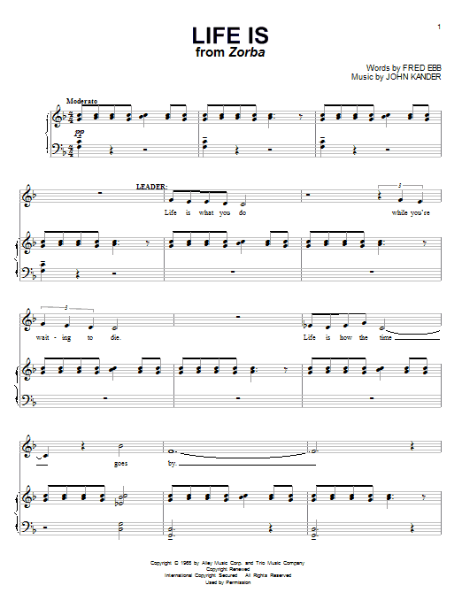 Kander & Ebb Life Is Sheet Music Notes & Chords for Piano, Vocal & Guitar (Right-Hand Melody) - Download or Print PDF
