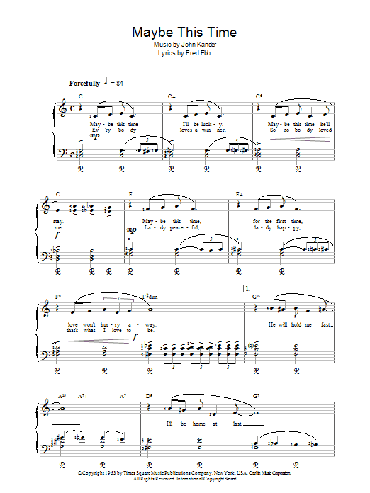 Kander & Ebb Maybe This Time Sheet Music Notes & Chords for Piano, Vocal & Guitar (Right-Hand Melody) - Download or Print PDF