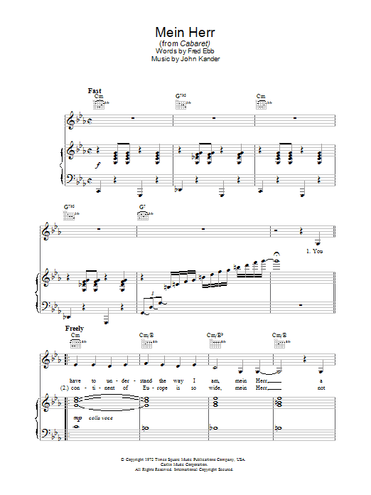 Kander & Ebb Mein Herr Sheet Music Notes & Chords for Piano, Vocal & Guitar - Download or Print PDF