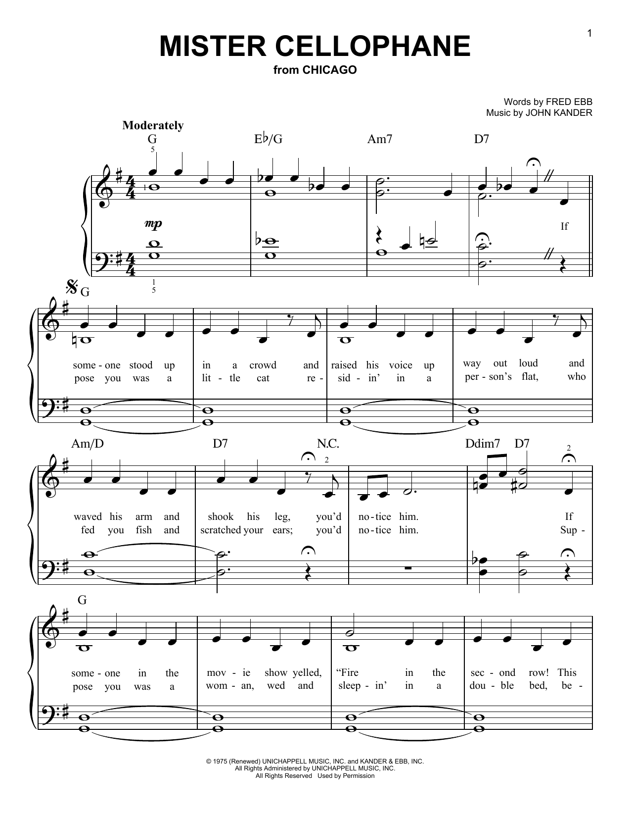 Kander & Ebb Mister Cellophane (from Chicago) Sheet Music Notes & Chords for Very Easy Piano - Download or Print PDF