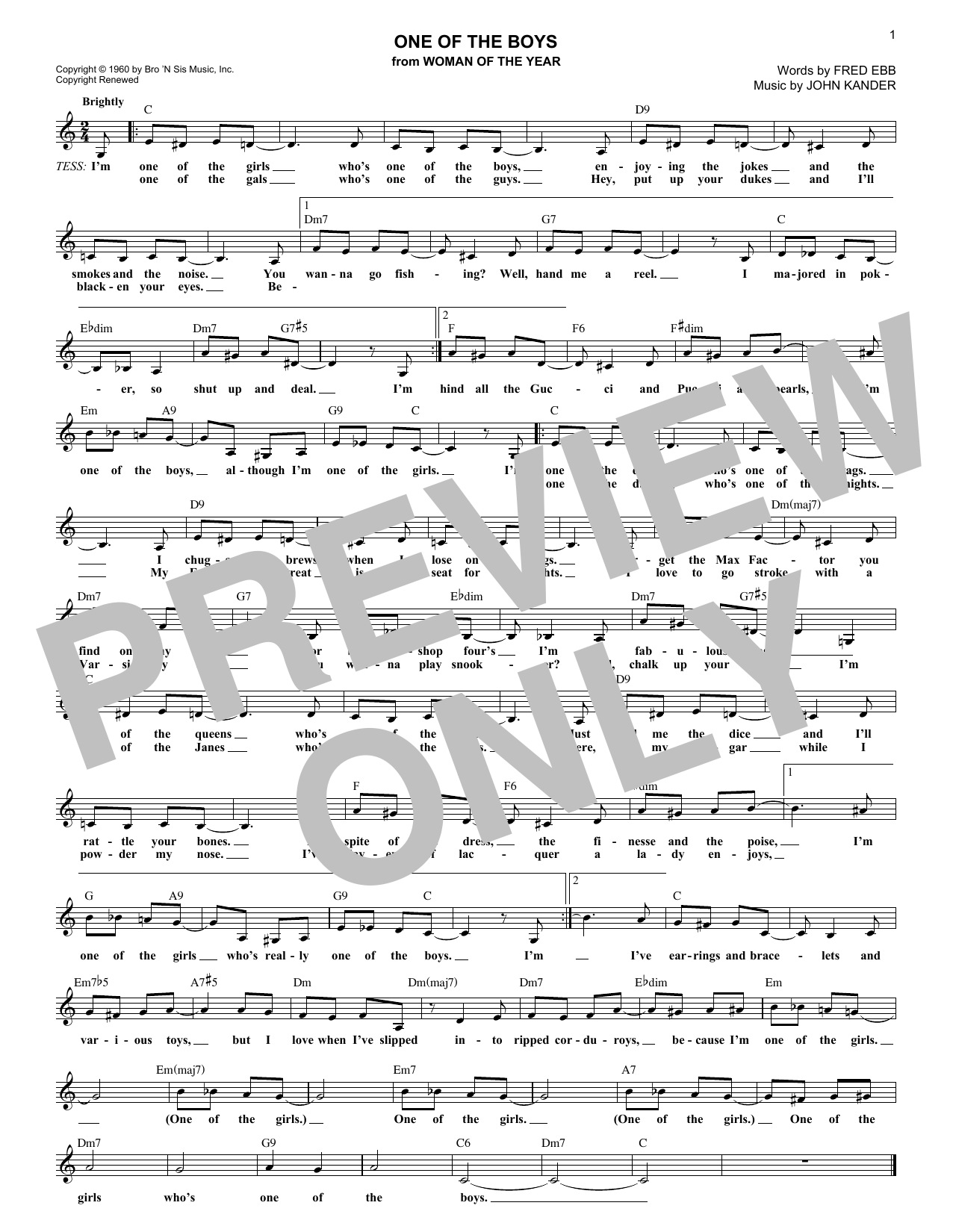 Kander & Ebb One Of The Boys (from Woman Of The Year) Sheet Music Notes & Chords for Lead Sheet / Fake Book - Download or Print PDF