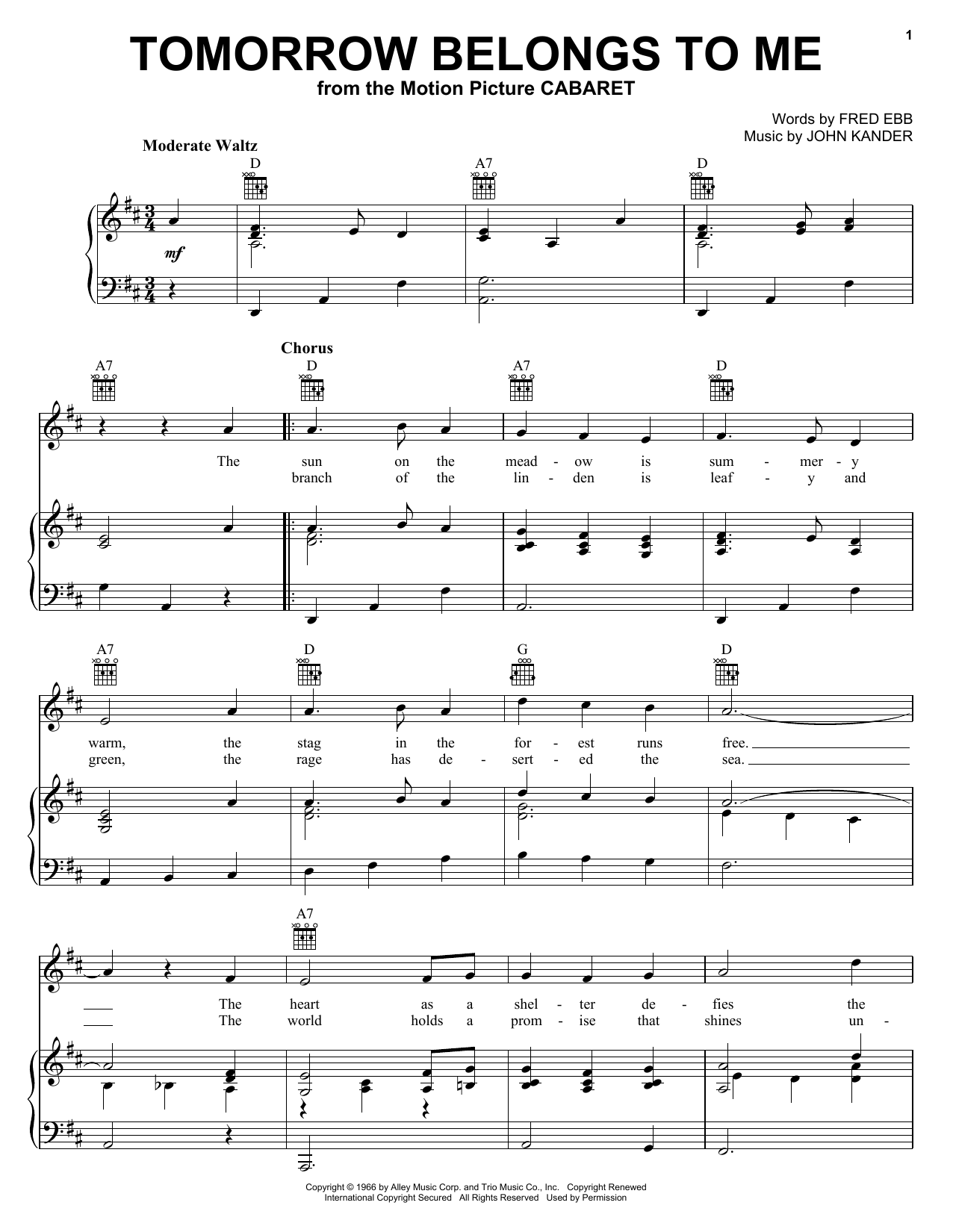 Kander & Ebb Tomorrow Belongs To Me Sheet Music Notes & Chords for Piano, Vocal & Guitar - Download or Print PDF
