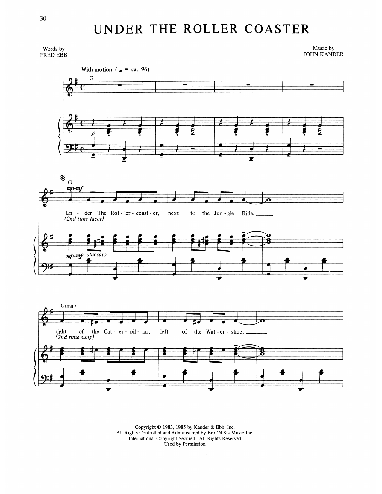 Kander & Ebb Under The Roller Coaster (from The Rink) Sheet Music Notes & Chords for Piano, Vocal & Guitar Chords (Right-Hand Melody) - Download or Print PDF