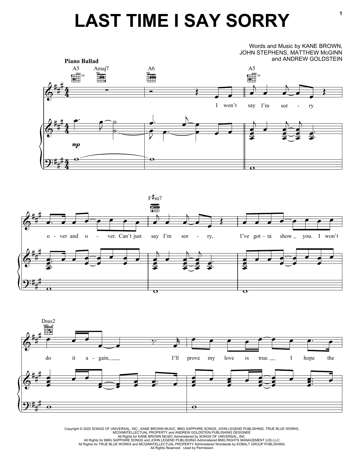 Kane Brown & John Legend Last Time I Say Sorry Sheet Music Notes & Chords for Piano, Vocal & Guitar (Right-Hand Melody) - Download or Print PDF