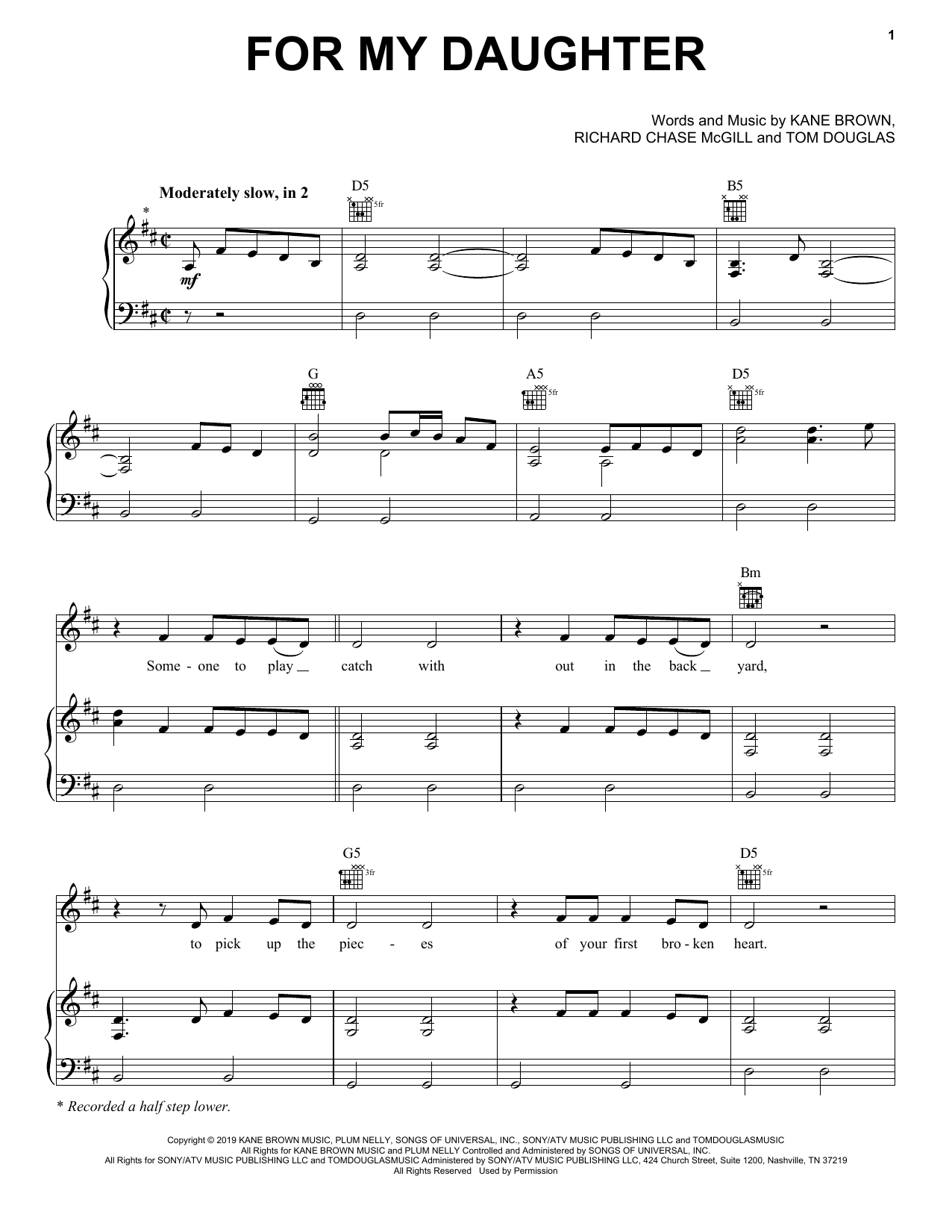 Kane Brown For My Daughter Sheet Music Notes & Chords for Piano, Vocal & Guitar (Right-Hand Melody) - Download or Print PDF