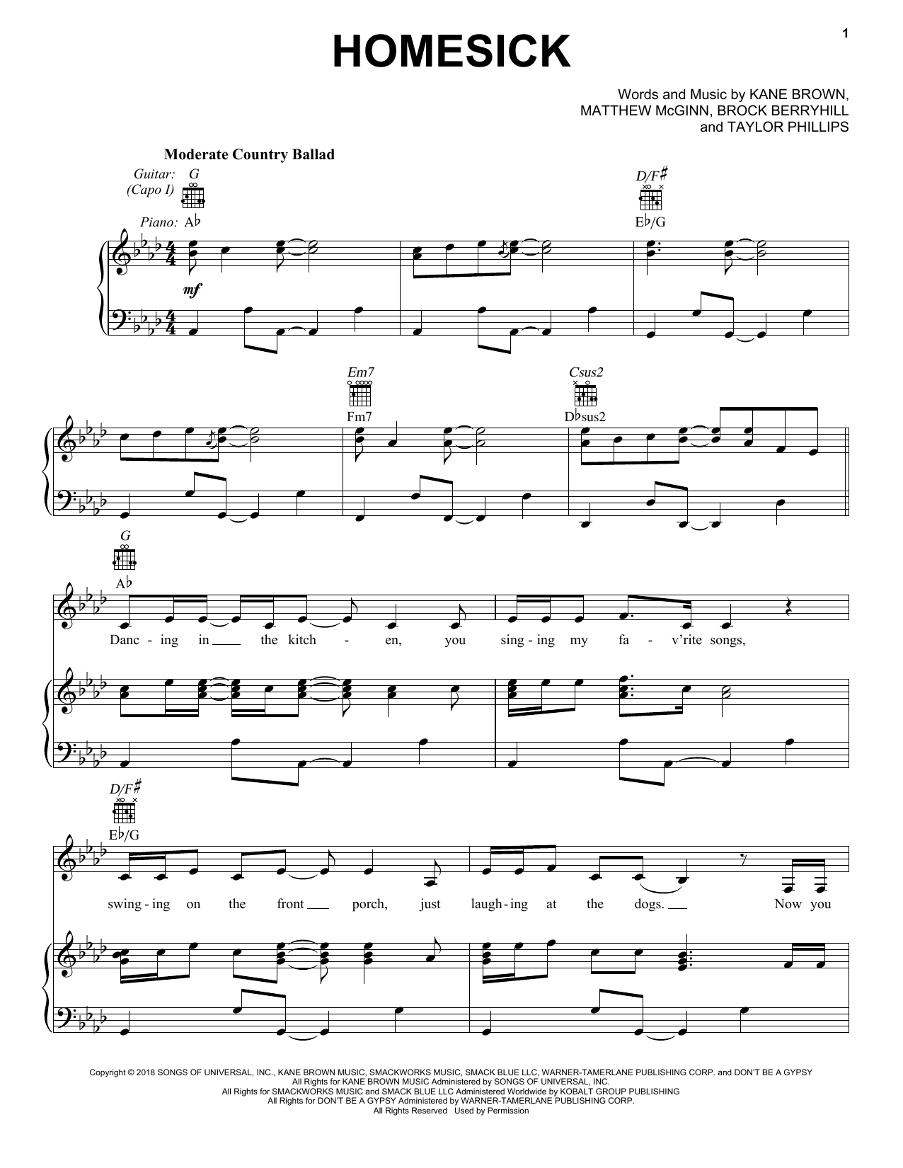 Kane Brown Homesick Sheet Music Notes & Chords for Piano, Vocal & Guitar (Right-Hand Melody) - Download or Print PDF