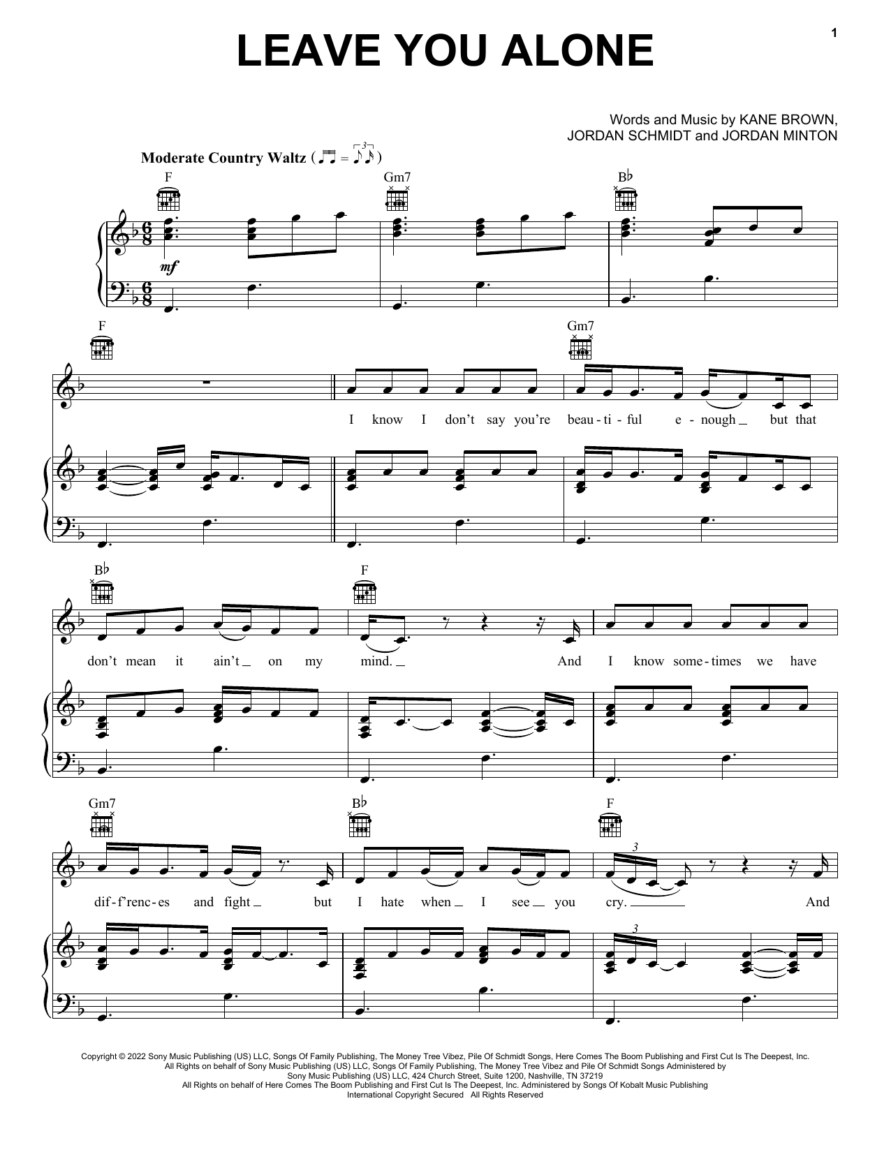 Kane Brown Leave You Alone Sheet Music Notes & Chords for Piano, Vocal & Guitar Chords (Right-Hand Melody) - Download or Print PDF