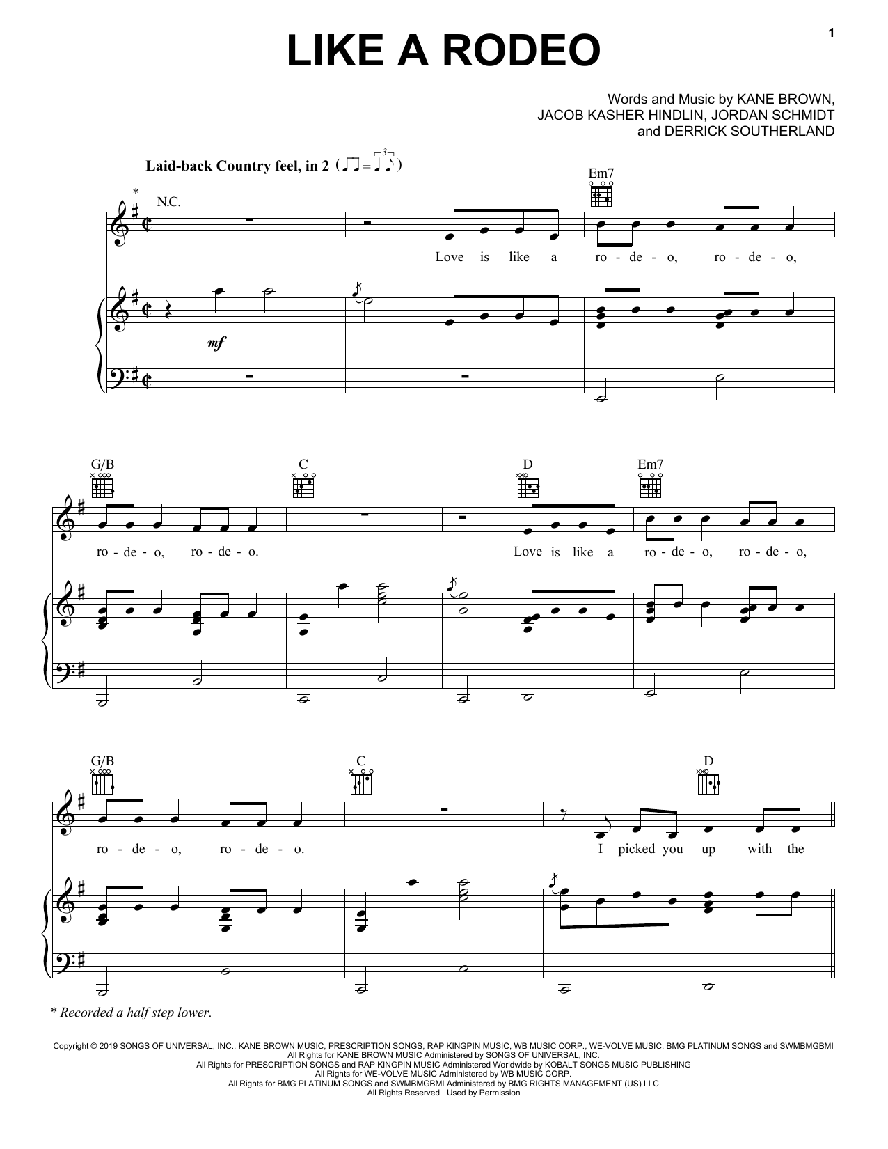 Kane Brown Like A Rodeo Sheet Music Notes & Chords for Piano, Vocal & Guitar (Right-Hand Melody) - Download or Print PDF