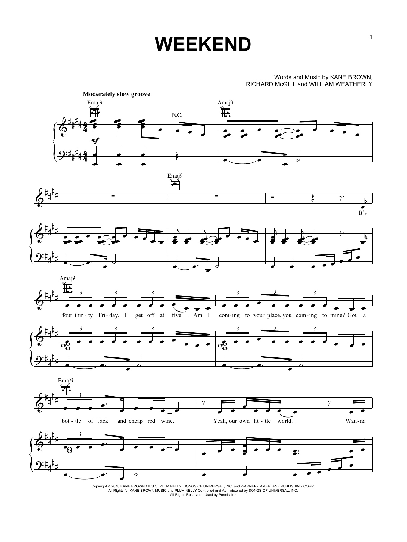 Kane Brown Weekend Sheet Music Notes & Chords for Piano, Vocal & Guitar (Right-Hand Melody) - Download or Print PDF