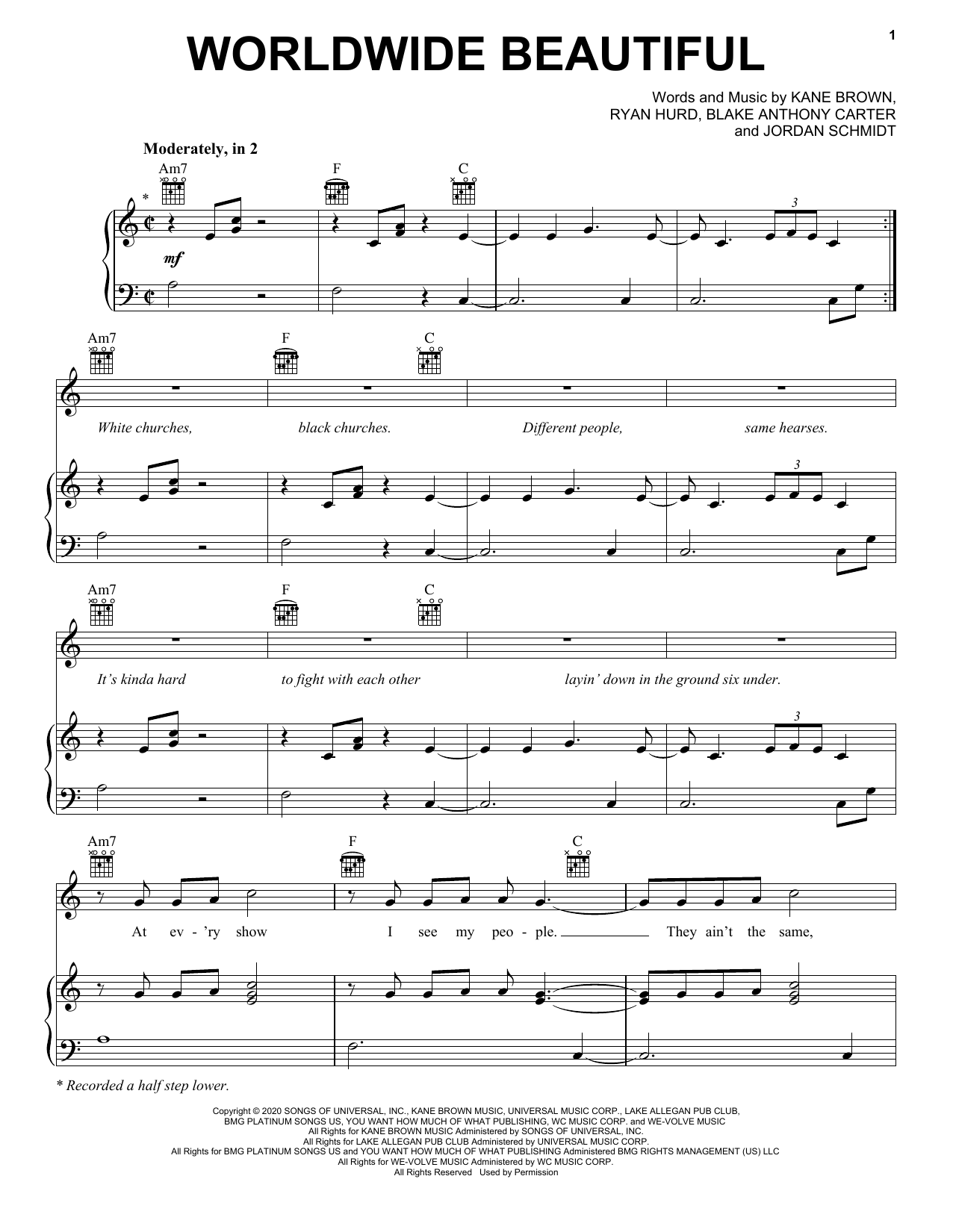 Kane Brown Worldwide Beautiful Sheet Music Notes & Chords for Piano, Vocal & Guitar (Right-Hand Melody) - Download or Print PDF