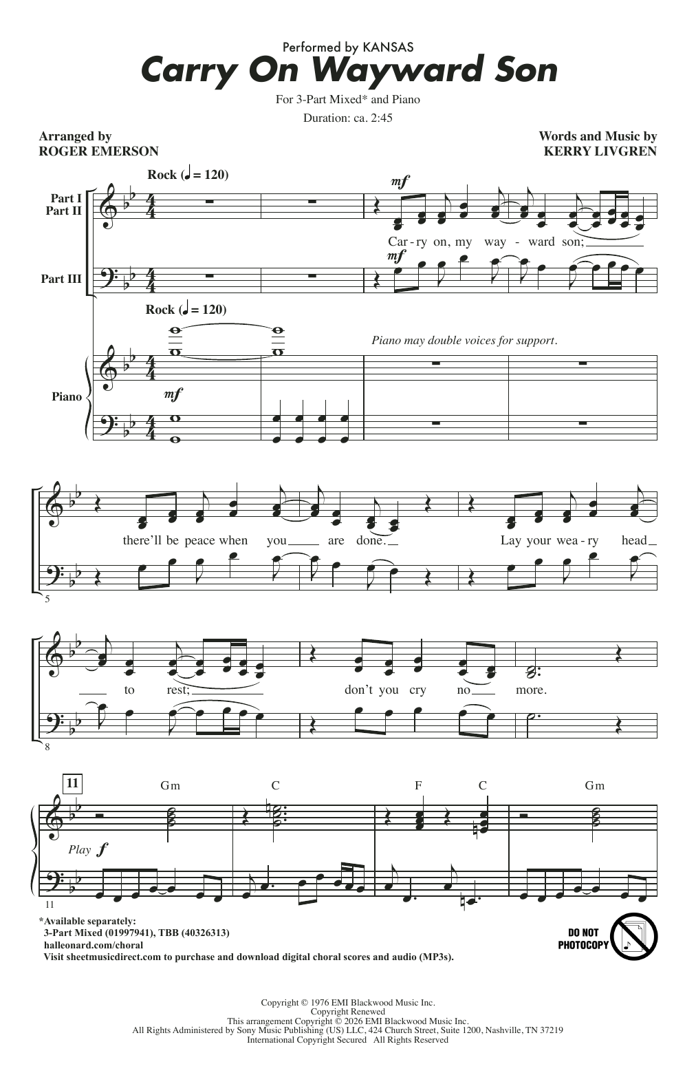 Kansas Carry On Wayward Son (arr. Roger Emerson) Sheet Music Notes & Chords for 3-Part Mixed Choir - Download or Print PDF