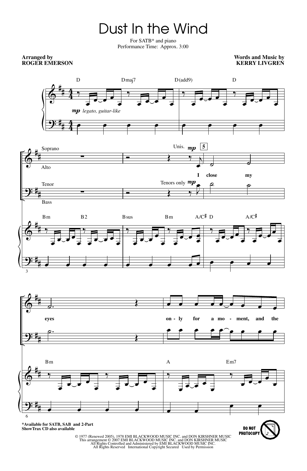 Kansas Dust In The Wind (arr. Roger Emerson) Sheet Music Notes & Chords for 2-Part Choir - Download or Print PDF