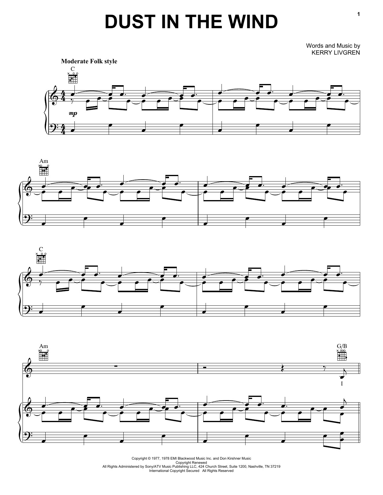 Kansas Dust In The Wind Sheet Music Notes & Chords for Melody Line, Lyrics & Chords - Download or Print PDF