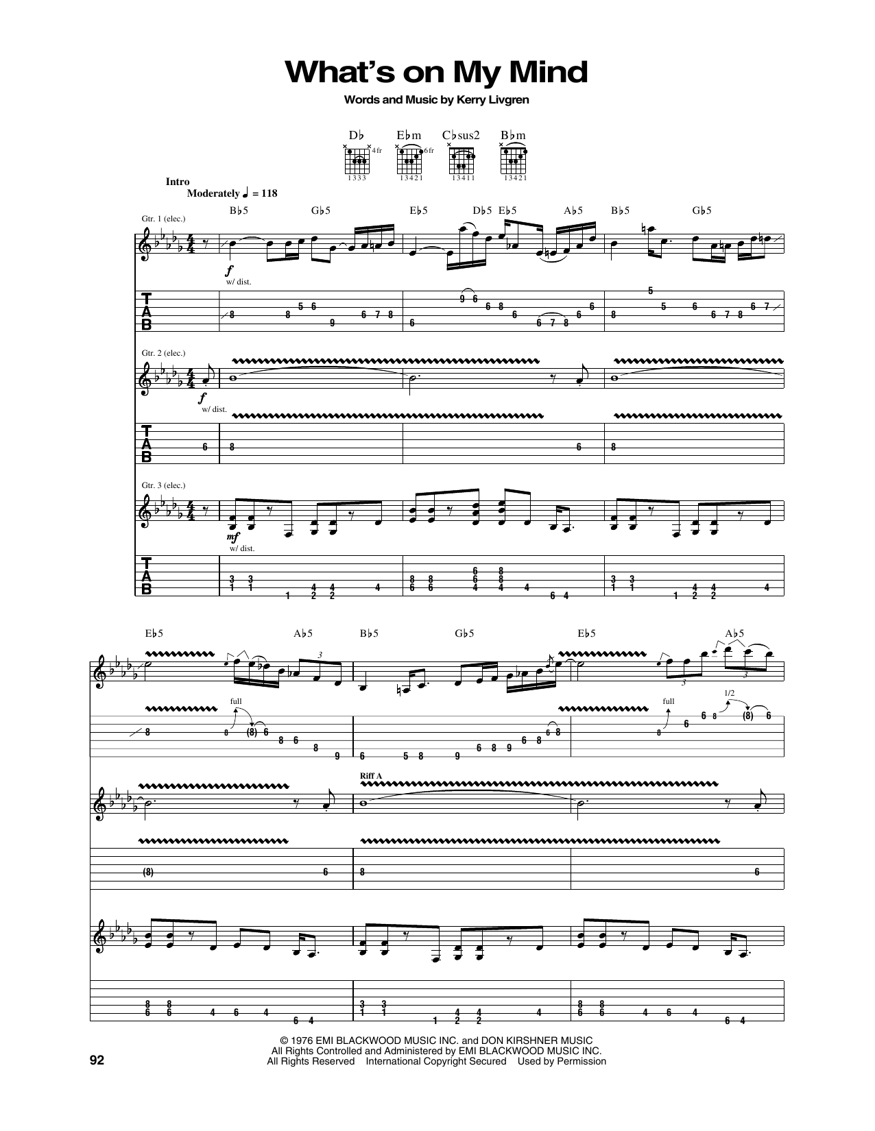 Kansas What's On My Mind Sheet Music Notes & Chords for Guitar Tab - Download or Print PDF