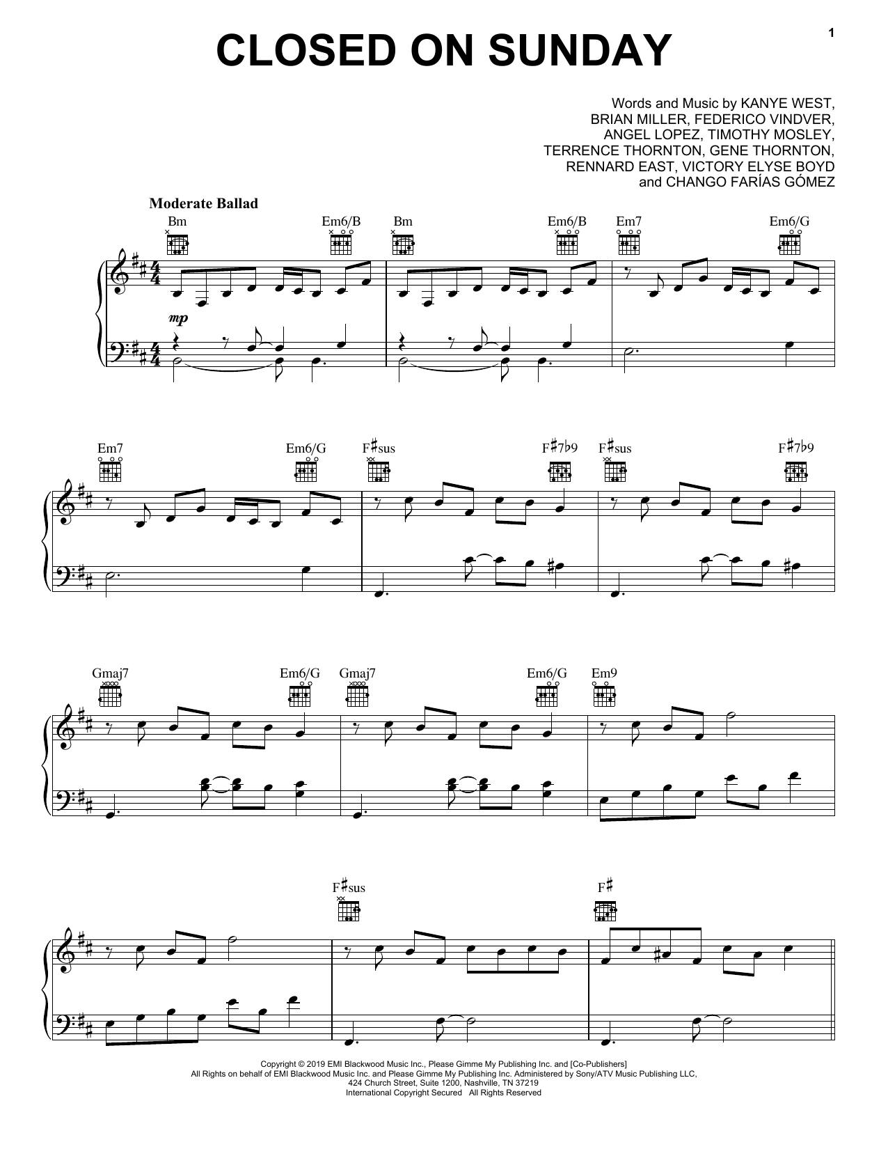 Kanye West Closed On Sunday Sheet Music Notes & Chords for Piano, Vocal & Guitar (Right-Hand Melody) - Download or Print PDF