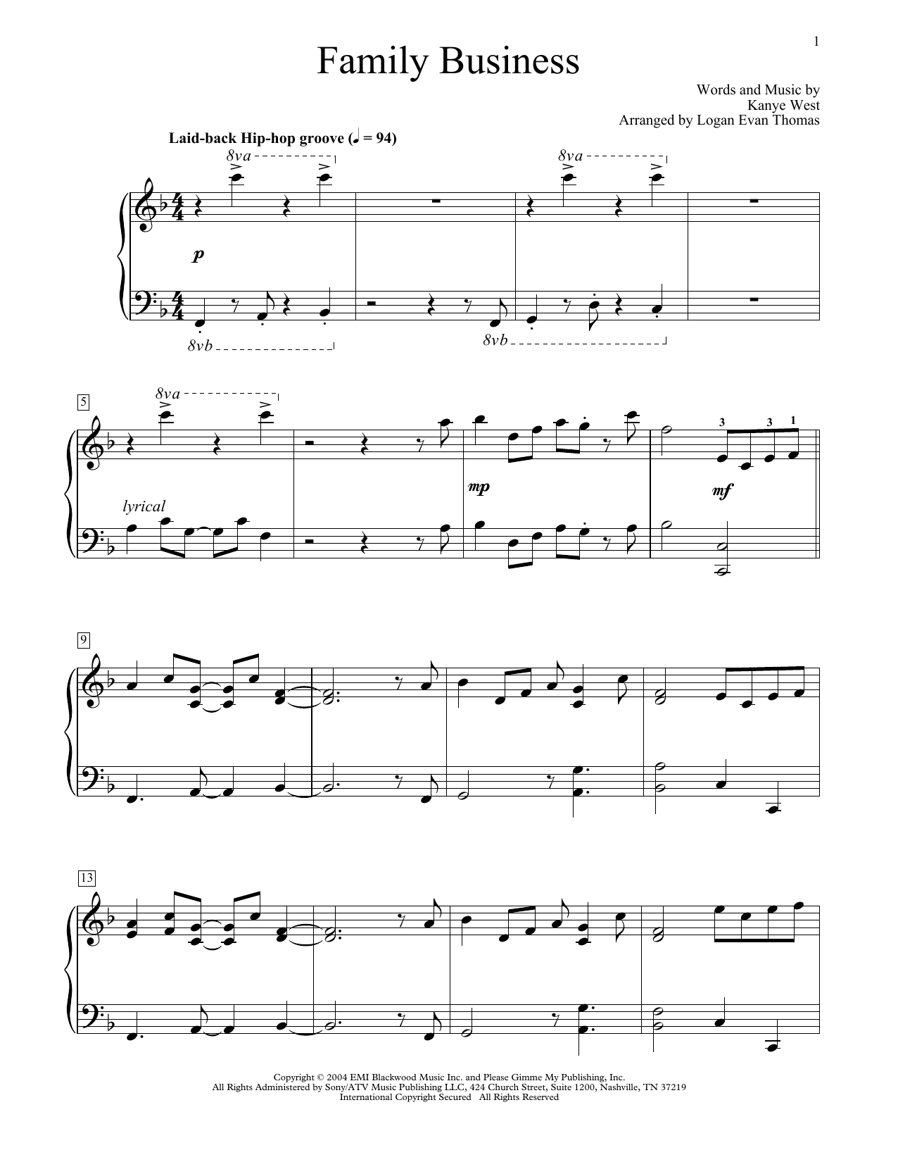 Kanye West Family Business (arr. Logan Evan Thomas) Sheet Music Notes & Chords for Educational Piano - Download or Print PDF