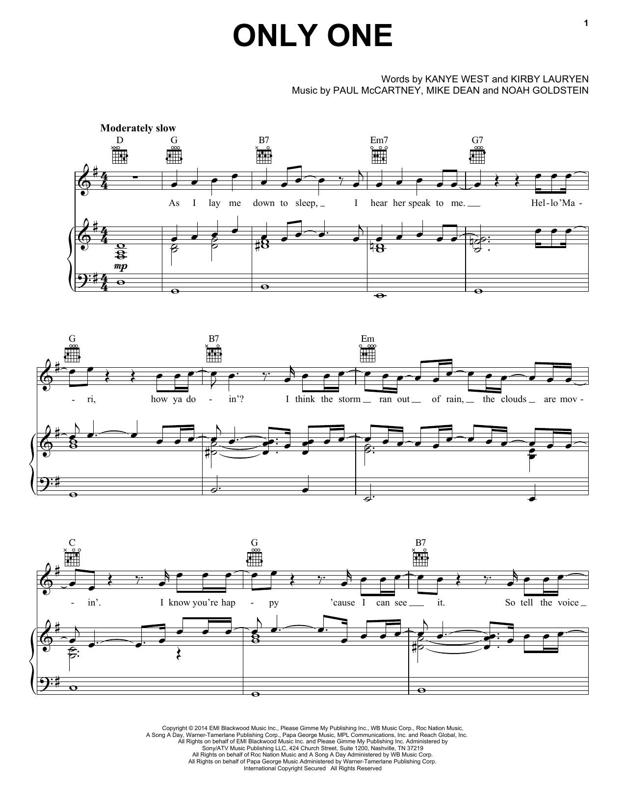 Kanye West feat. Paul McCartney Only One Sheet Music Notes & Chords for Piano, Vocal & Guitar (Right-Hand Melody) - Download or Print PDF