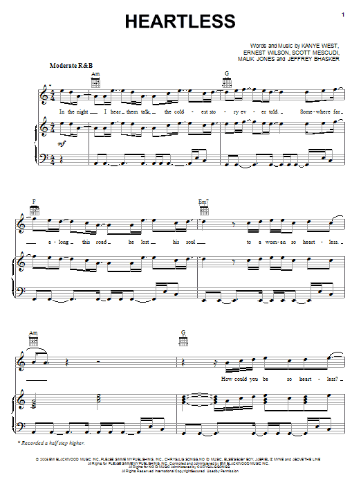 Kanye West Heartless Sheet Music Notes & Chords for Piano, Vocal & Guitar (Right-Hand Melody) - Download or Print PDF