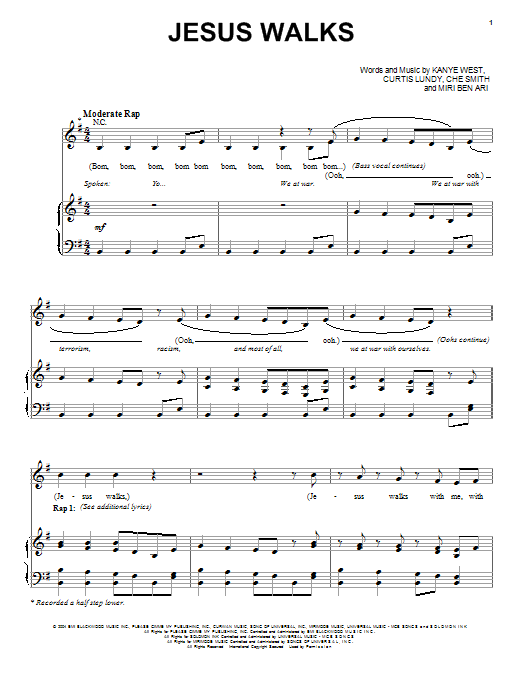 Kanye West Jesus Walks Sheet Music Notes & Chords for Piano, Vocal & Guitar (Right-Hand Melody) - Download or Print PDF