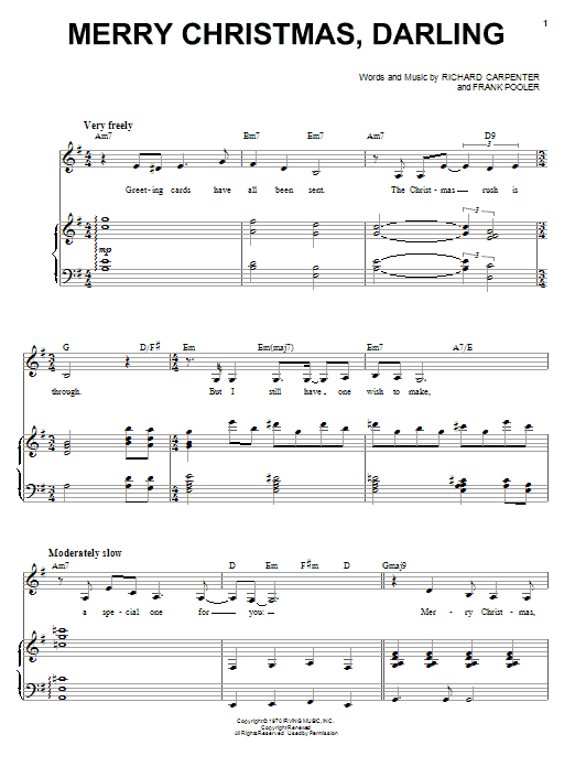 Karen Carpenter Merry Christmas, Darling Sheet Music Notes & Chords for Piano & Vocal - Download or Print PDF Karen Carpenter Merry Christmas, Darling Sheet Music Notes & Chords for Piano & Vocal - Download or Print PDF