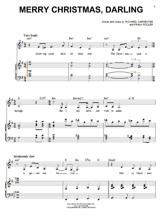 Karen Carpenter Merry Christmas, Darling Sheet Music Notes & Chords for Piano & Vocal - Download or Print PDF