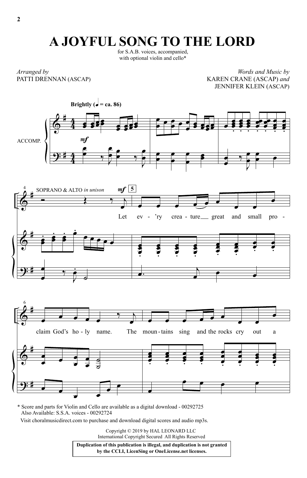 Karen Crane & Jennifer Klein A Joyful Song To The Lord (arr. Patti Drennan) Sheet Music Notes & Chords for SAB Choir - Download or Print PDF