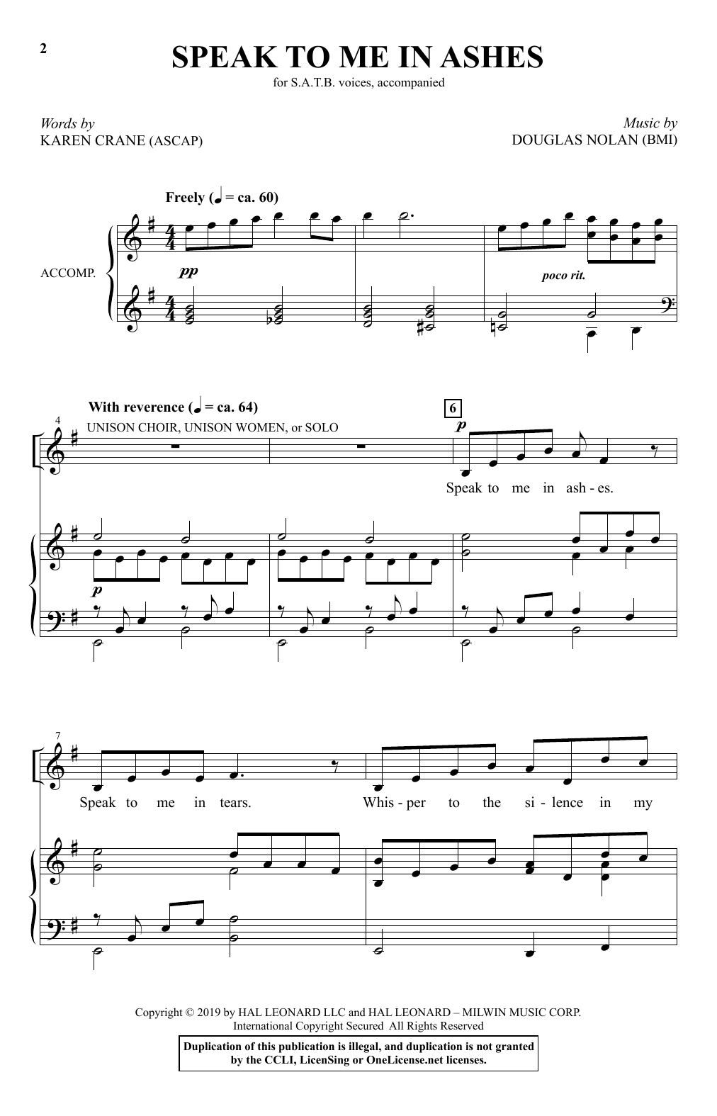 Karen Crane and Douglas Nolan Speak To Me In Ashes Sheet Music Notes & Chords for SATB Choir - Download or Print PDF