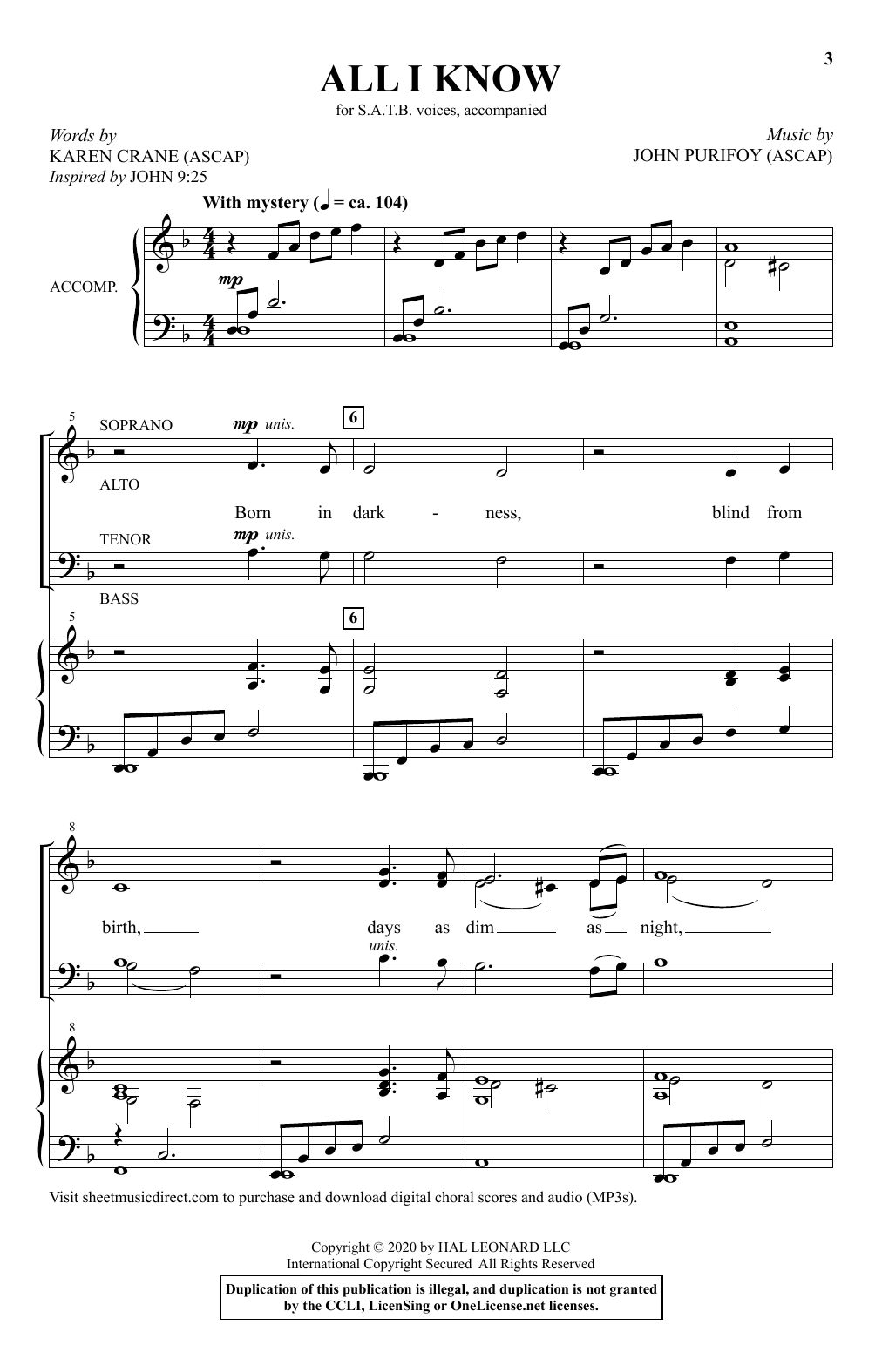 Karen Crane and John Purifoy All I Know Sheet Music Notes & Chords for SATB Choir - Download or Print PDF