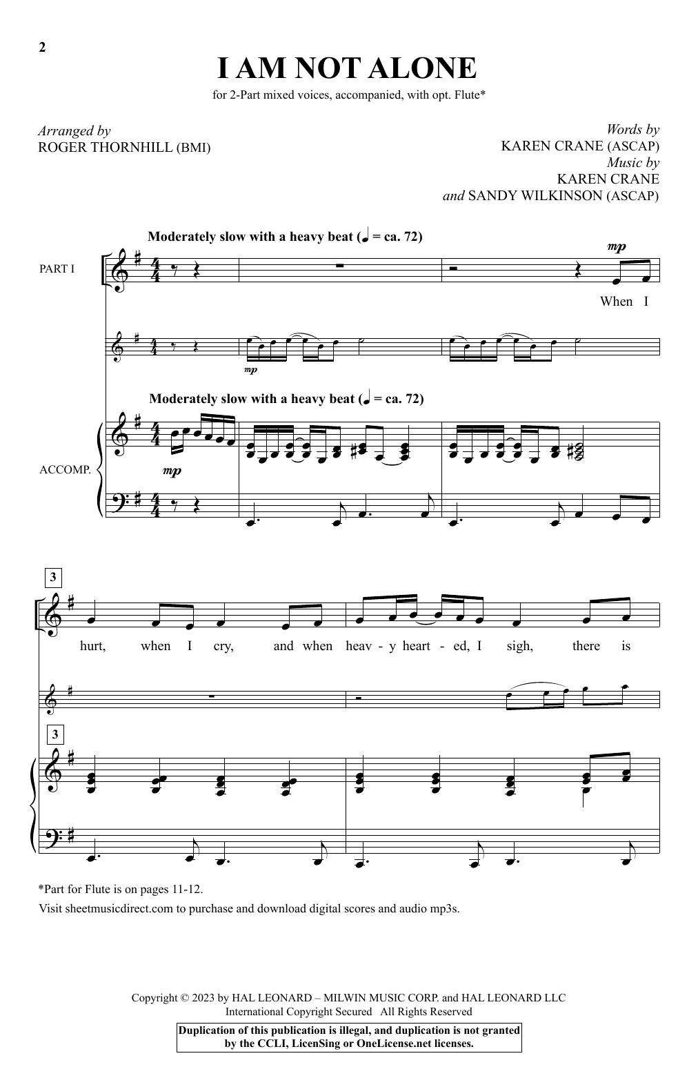 Karen Crane and Sandy Wilkinson I Am Not Alone (arr. Roger Thornhill) Sheet Music Notes & Chords for 2-Part Choir - Download or Print PDF
