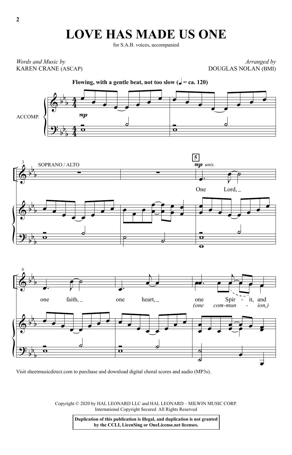 Karen Crane Love Has Made Us One (arr. Douglas Nolan) Sheet Music Notes & Chords for SAB Choir - Download or Print PDF