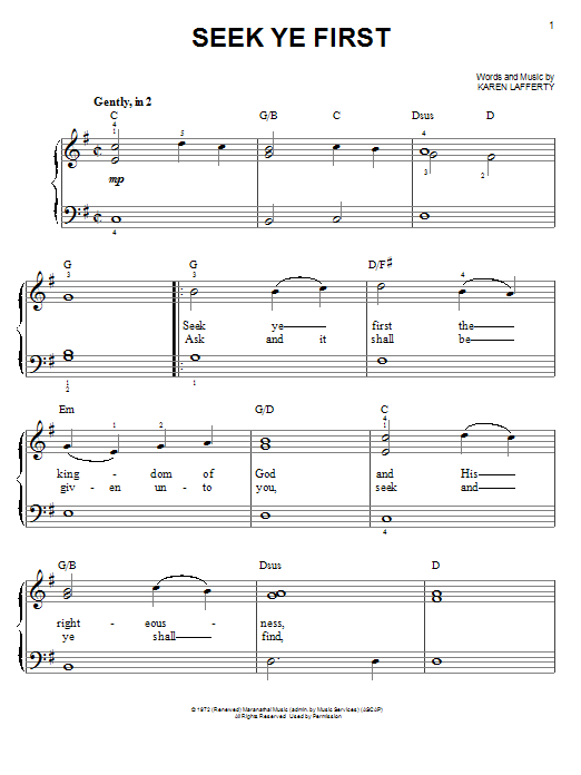 Karen Lafferty Seek Ye First Sheet Music Notes & Chords for Piano (Big Notes) - Download or Print PDF