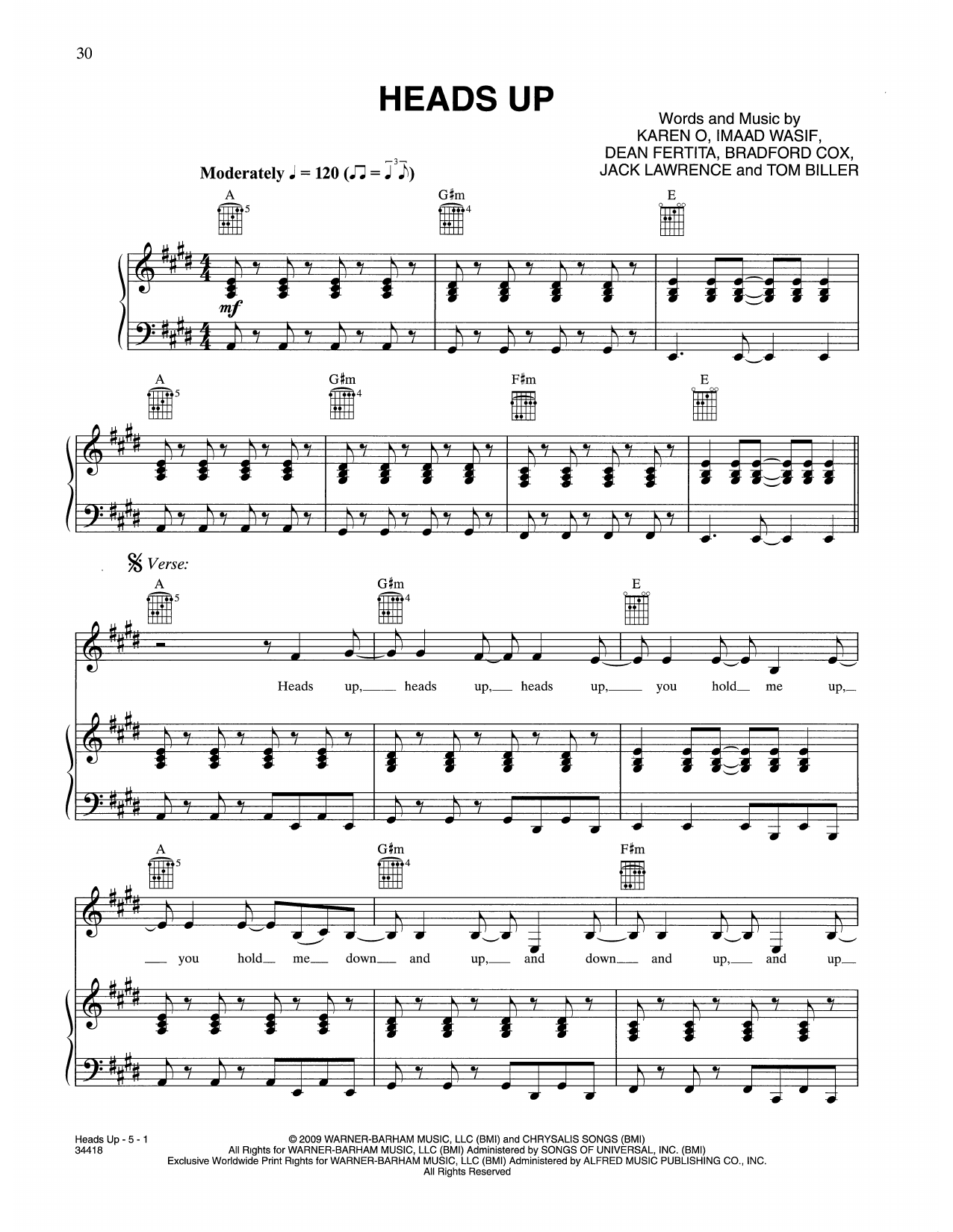 Karen O & The Kids Heads Up (from Where The Wild Things Are) Sheet Music Notes & Chords for Piano, Vocal & Guitar Chords (Right-Hand Melody) - Download or Print PDF