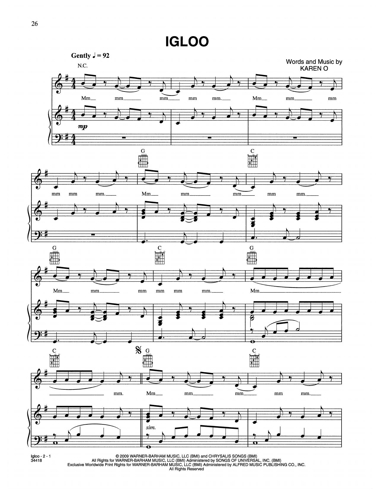 Karen O & The Kids Igloo (from Where The Wild Things Are) Sheet Music Notes & Chords for Piano, Vocal & Guitar Chords (Right-Hand Melody) - Download or Print PDF