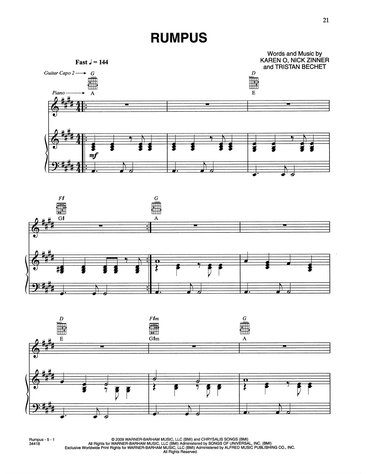 Karen O & The Kids Rumpus (from Where The Wild Things Are) Sheet Music Notes & Chords for Piano, Vocal & Guitar Chords (Right-Hand Melody) - Download or Print PDF