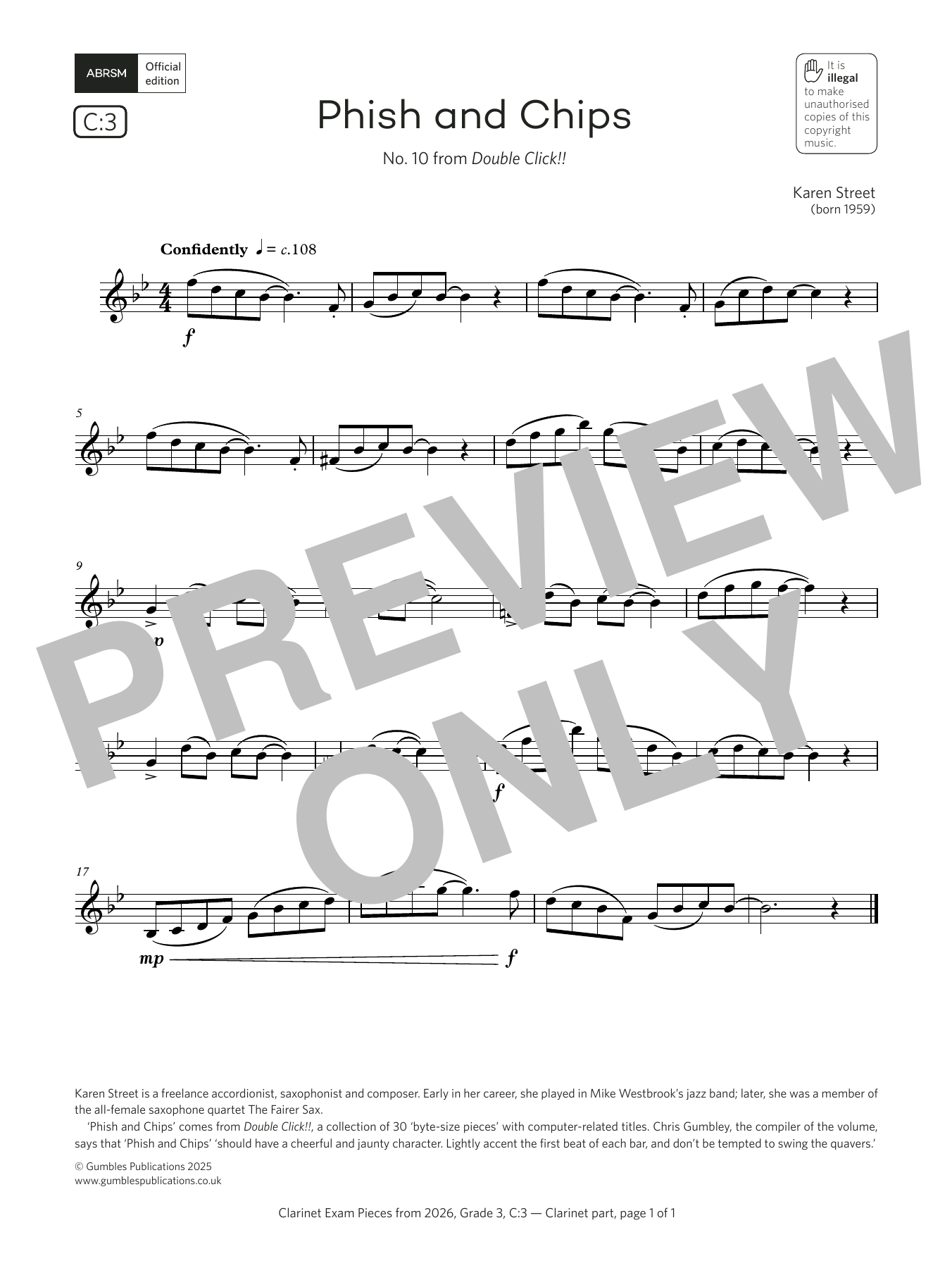 Karen Street Phish and Chips (Grade 3, list C3, from the ABRSM Clarinet Syllabus from 2026) Sheet Music Notes & Chords for Clarinet Solo - Download or Print PDF Karen Street Phish and Chips (Grade 3, list C3, from the ABRSM Clarinet Syllabus from 2026) Sheet Music Notes & Chords for Clarinet Solo - Download or Print PDF