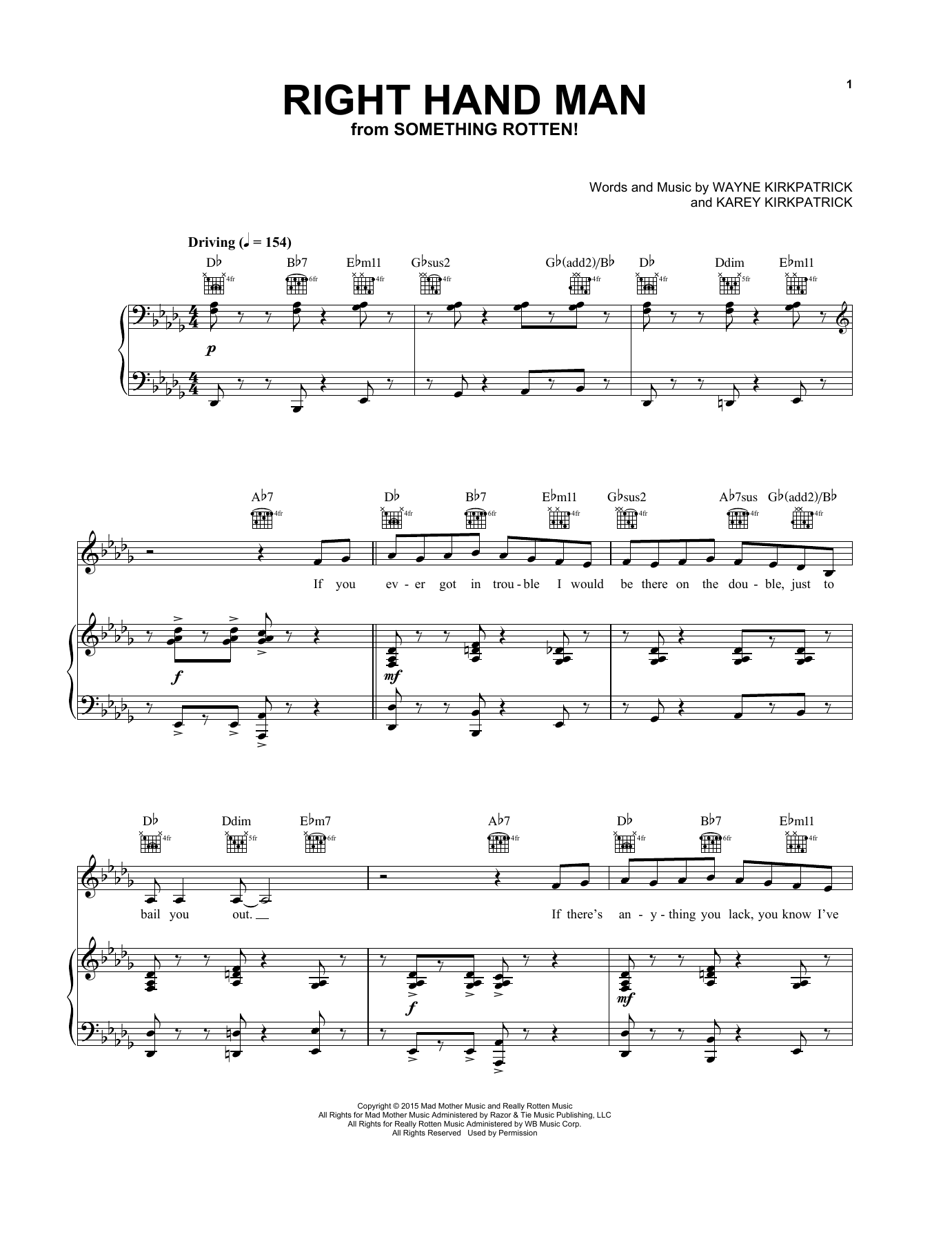 Karey Kirkpatrick and Wayne Kirkpatrick Right Hand Man (from Something Rotten!) Sheet Music Notes & Chords for Very Easy Piano - Download or Print PDF
