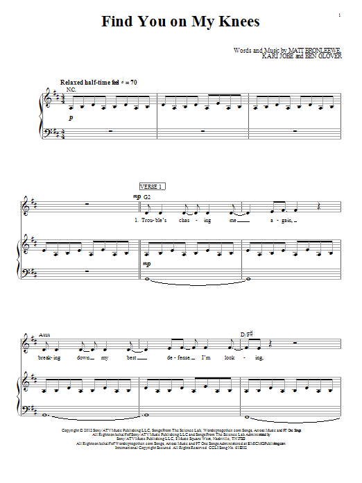 Kari Jobe Find You On My Knees Sheet Music Notes & Chords for Piano, Vocal & Guitar (Right-Hand Melody) - Download or Print PDF