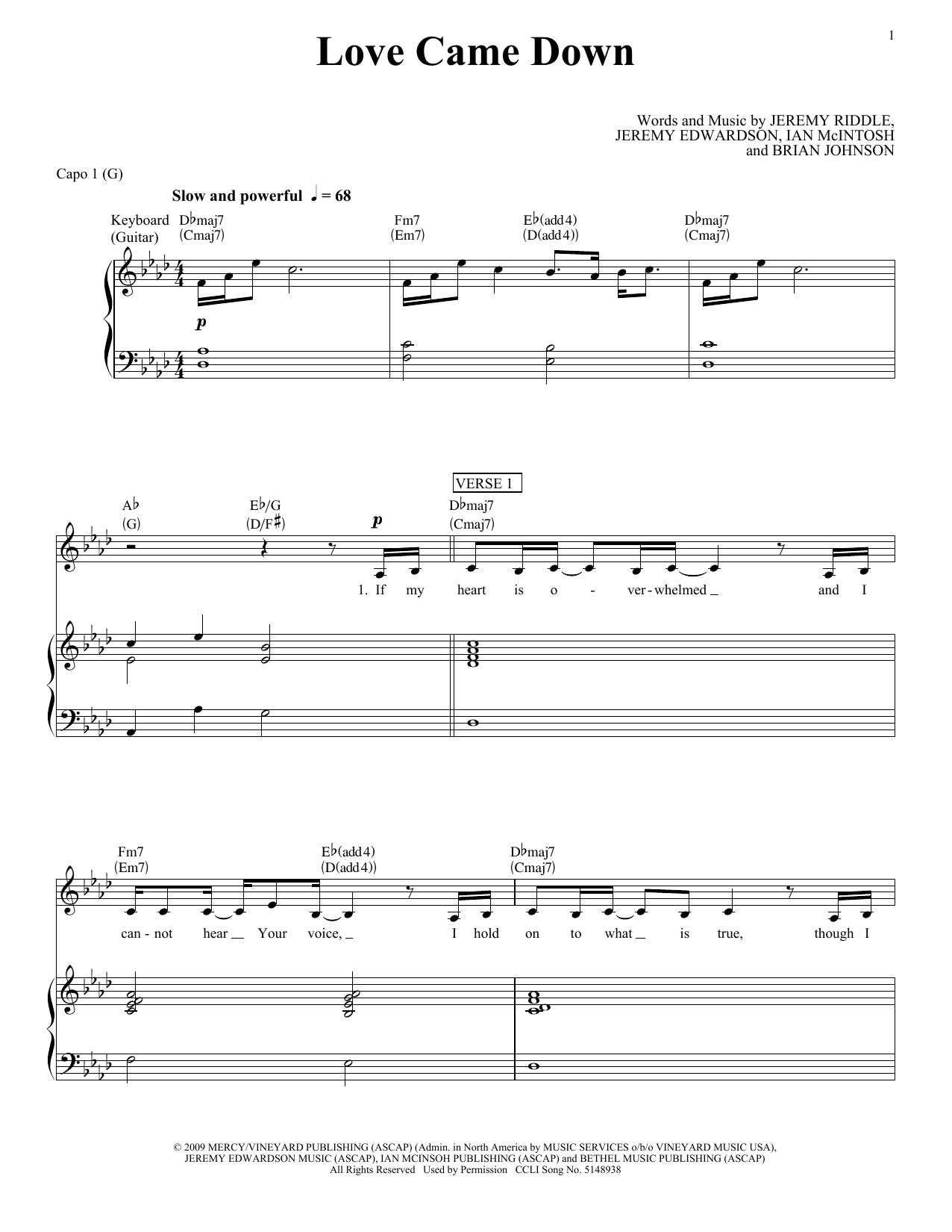 Kari Jobe Love Came Down Sheet Music Notes & Chords for Piano, Vocal & Guitar (Right-Hand Melody) - Download or Print PDF