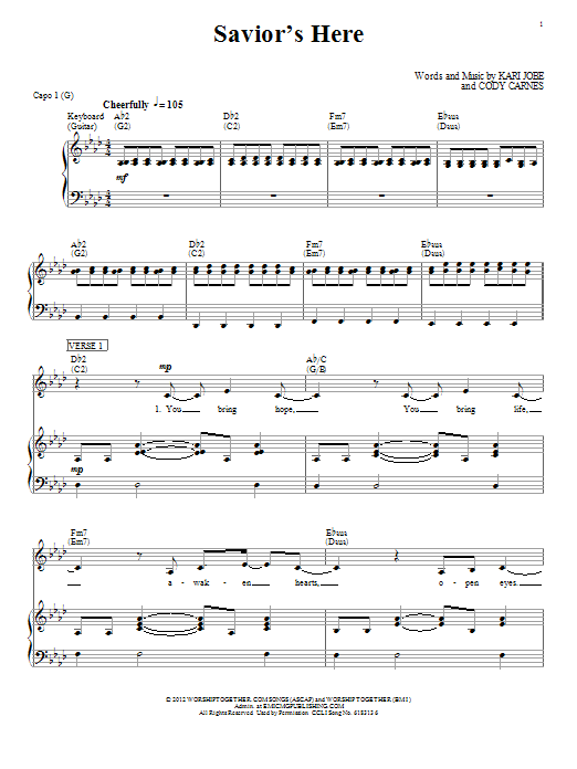 Kari Jobe Savior's Here Sheet Music Notes & Chords for Piano, Vocal & Guitar (Right-Hand Melody) - Download or Print PDF Kari Jobe Savior's Here Sheet Music Notes & Chords for Piano, Vocal & Guitar (Right-Hand Melody) - Download or Print PDF