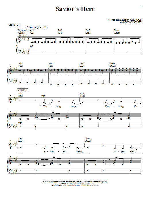 Kari Jobe Savior's Here Sheet Music Notes & Chords for Piano, Vocal & Guitar (Right-Hand Melody) - Download or Print PDF