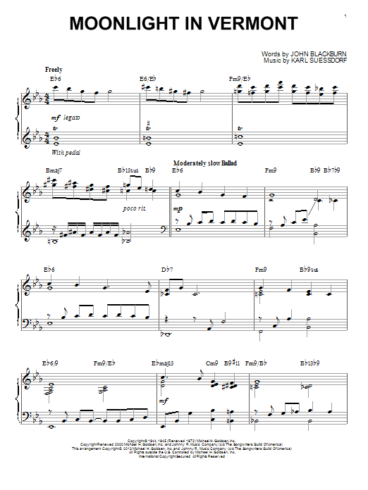 Karl Suessdorf Moonlight In Vermont (arr. Brent Edstrom) Sheet Music Notes & Chords for Piano - Download or Print PDF