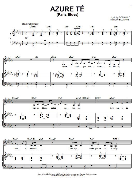 Karrin Allyson Azure-Te (Paris Blues) Sheet Music Notes & Chords for Piano, Vocal & Guitar (Right-Hand Melody) - Download or Print PDF