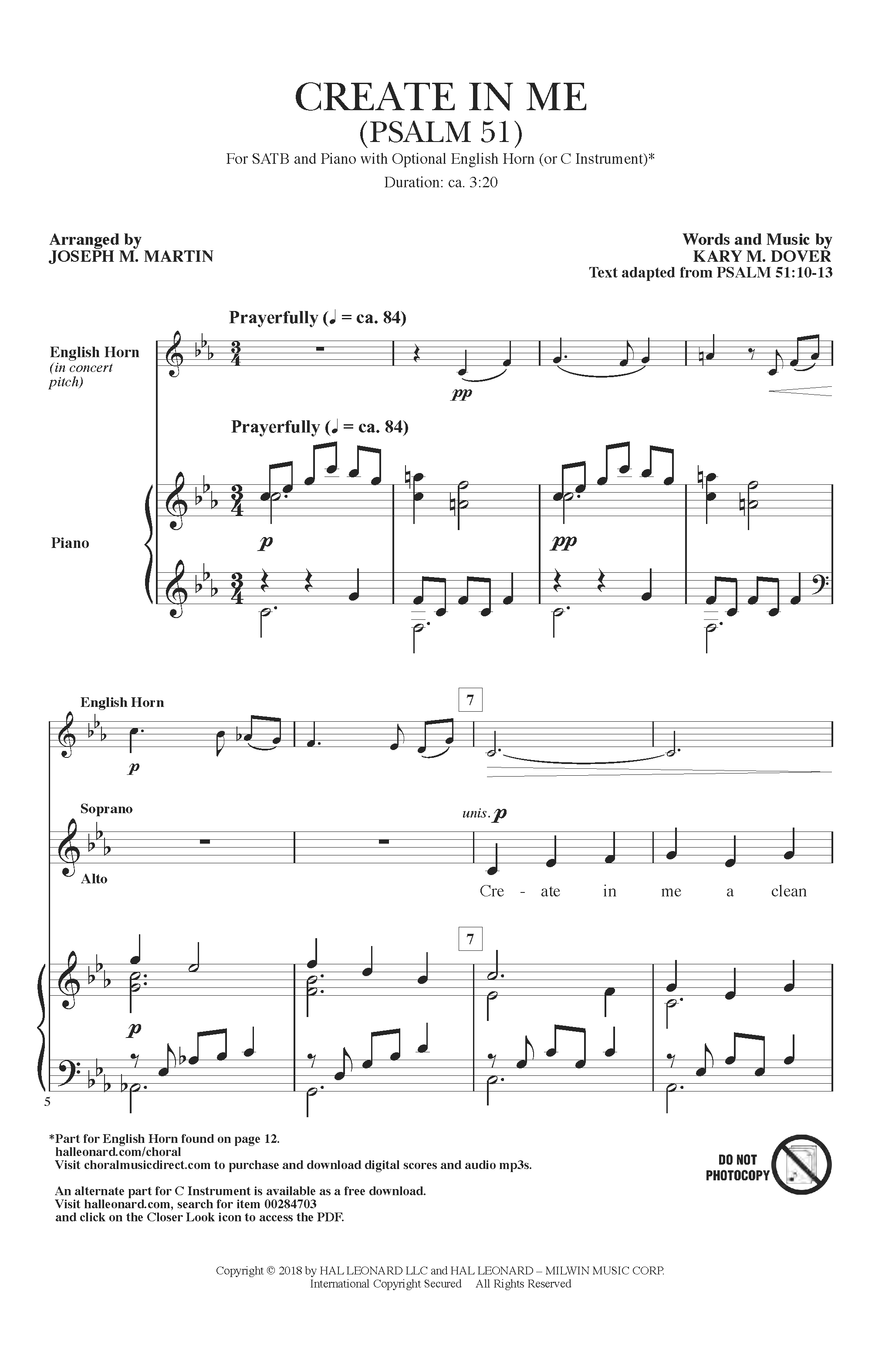 Kary Dover Create In Me (Psalm 51) (arr. Joseph M. Martin) Sheet Music Notes & Chords for Choral - Download or Print PDF