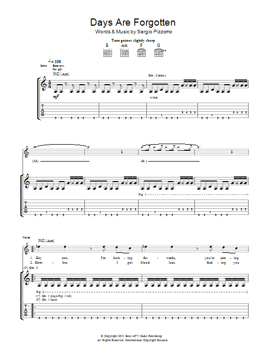 Kasabian Days Are Forgotten Sheet Music Notes & Chords for Guitar Tab - Download or Print PDF