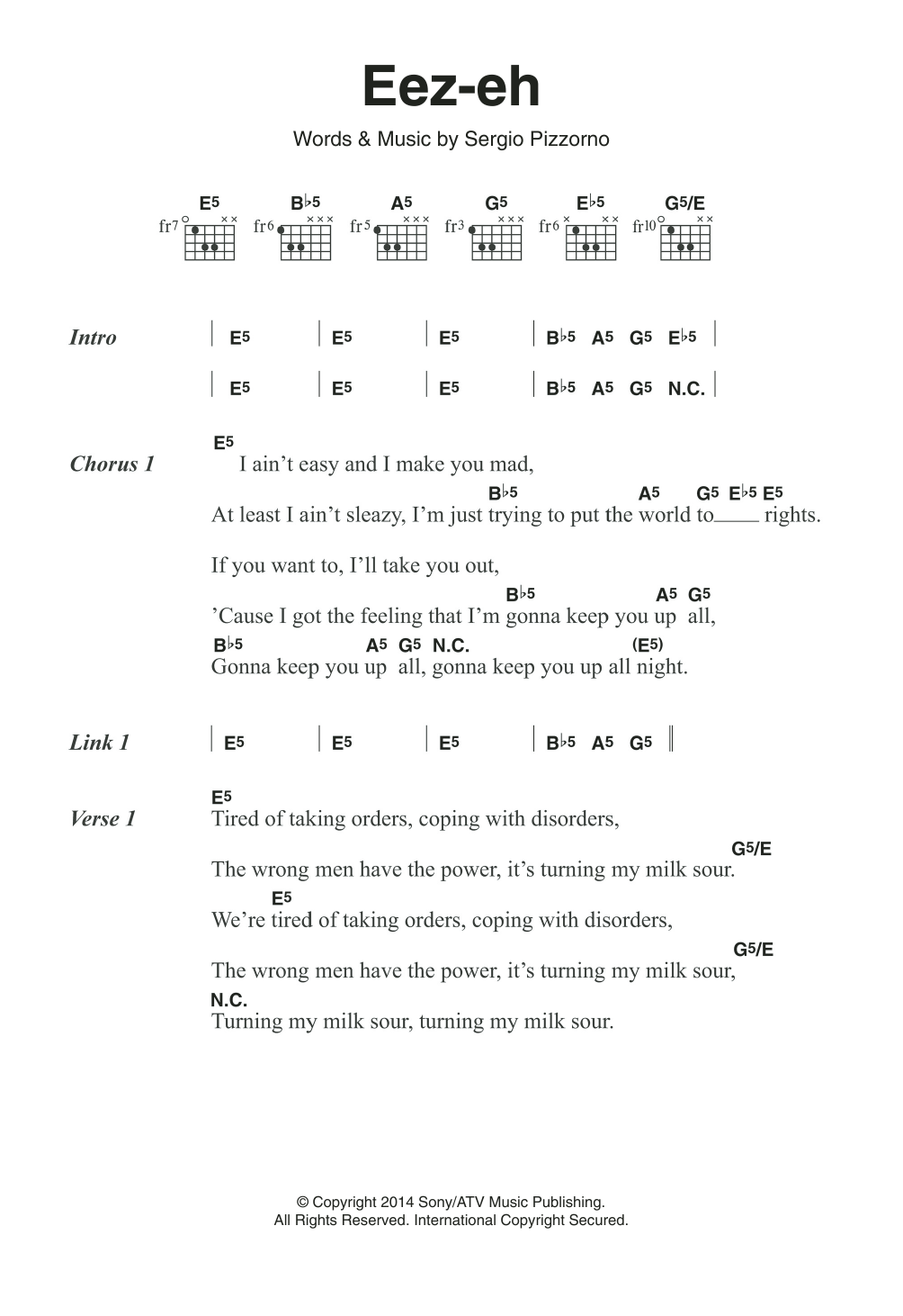 Kasabian Eez-Eh Sheet Music Notes & Chords for Lyrics & Chords - Download or Print PDF