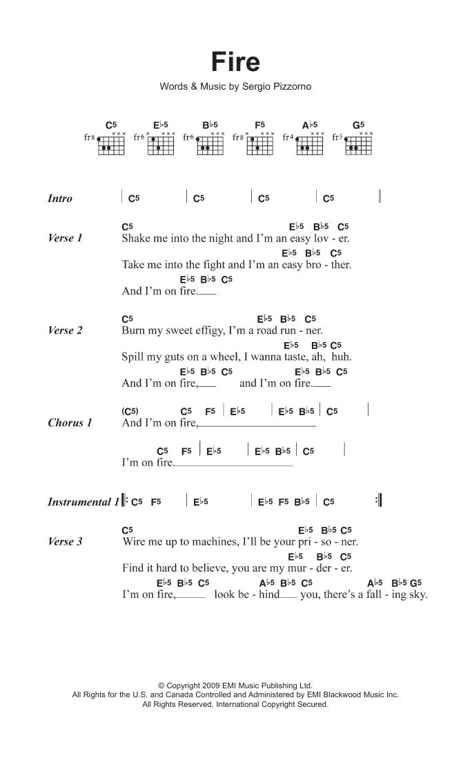Kasabian Fire Sheet Music Notes & Chords for Lyrics & Chords - Download or Print PDF