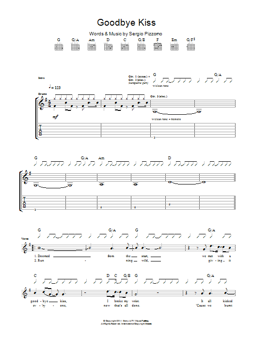 Kasabian Goodbye Kiss Sheet Music Notes & Chords for Guitar Tab - Download or Print PDF