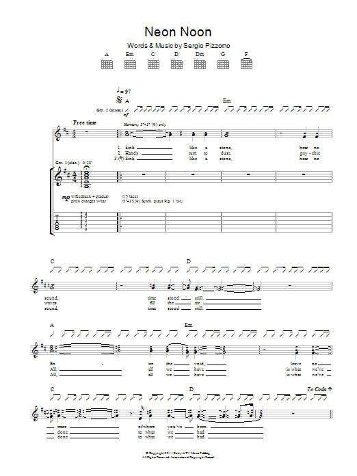 Kasabian Neon Noon Sheet Music Notes & Chords for Guitar Tab - Download or Print PDF Kasabian Neon Noon Sheet Music Notes & Chords for Guitar Tab - Download or Print PDF