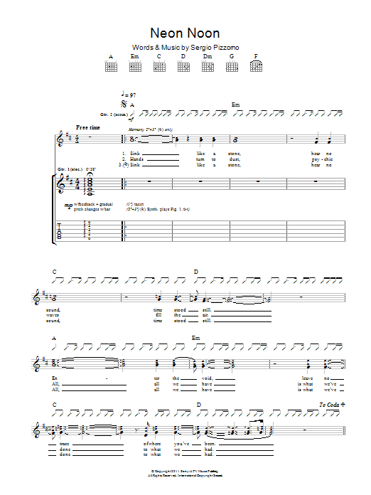 Kasabian Neon Noon Sheet Music Notes & Chords for Guitar Tab - Download or Print PDF